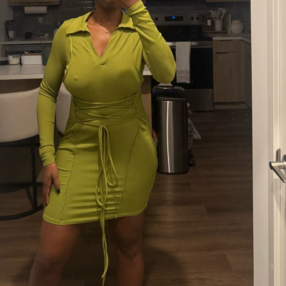 Ribbed Long-Sleeve Wrap Mini Dress in Olive Green - Picture 3 of 3